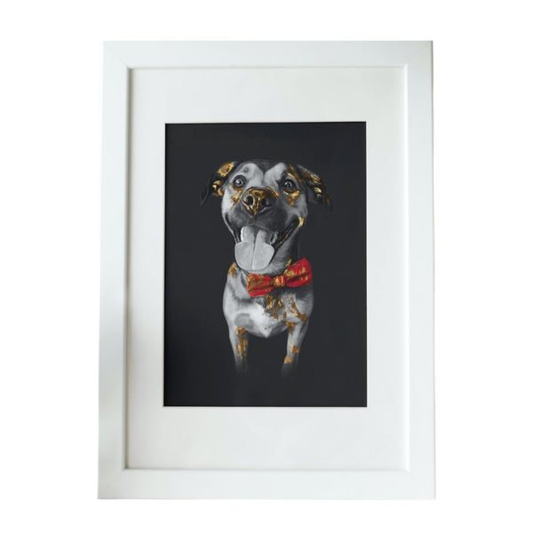 Handgemaltes Haustierportrait als Premium Fotodruck gerahmt im Gold Stil