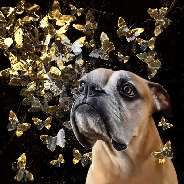 Handgemaltes Haustierportrait auf Premium Kuscheldecke im Butterfly Stil