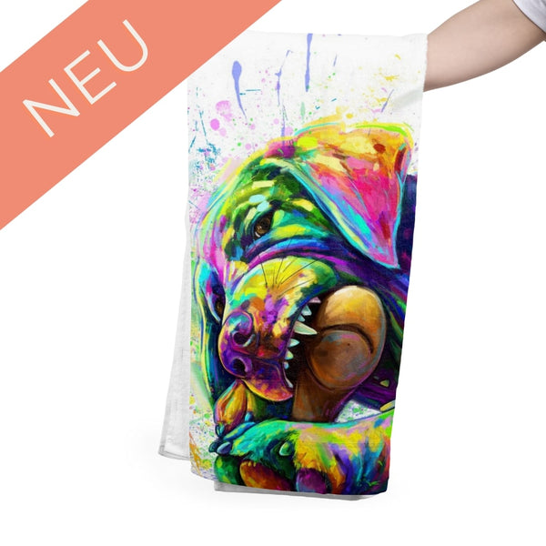 Handgemaltes Haustierportrait auf Handtuch im Colourful Stil
