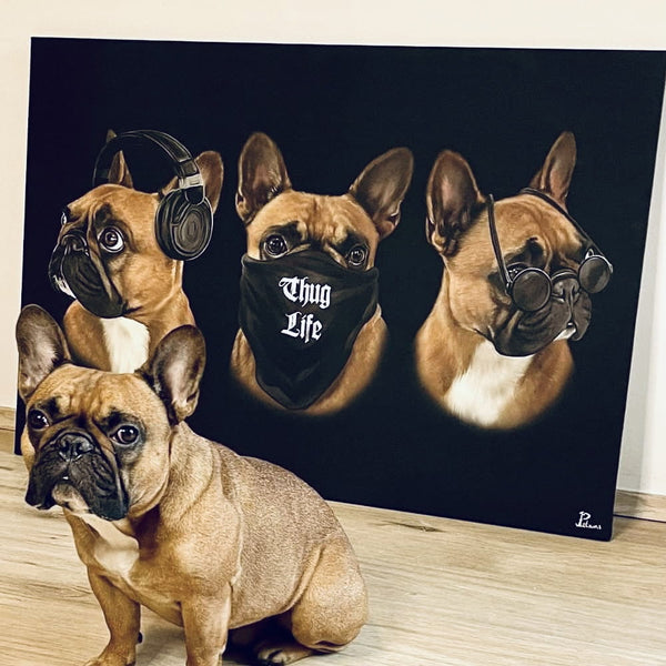 Handgemaltes Haustierportrait auf Handtuch im Drei Affen Stil