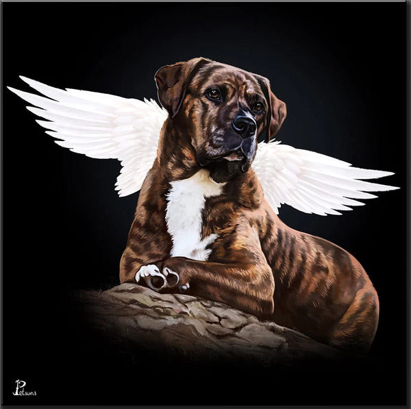 Handgemaltes Haustierportrait als Acrylblock im Engel Stil