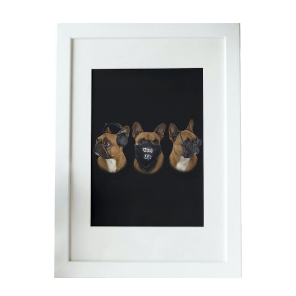 Handgemaltes Haustierportrait als Premium Fotodruck gerahmt im Drei Affen Stil