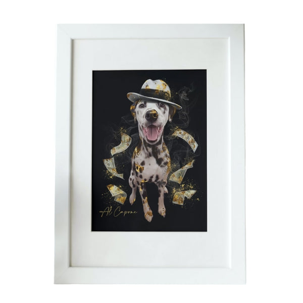 Handgemaltes Haustierportrait als Premium Fotodruck gerahmt im Mafia Stil