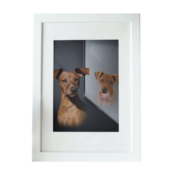 Handgemaltes Haustierportrait als Premium Fotodruck gerahmt im Spiegel Stil