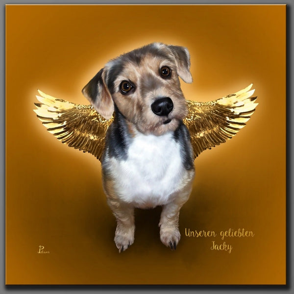 Handgemaltes Haustierportrait als Acrylblock im Engel Stil