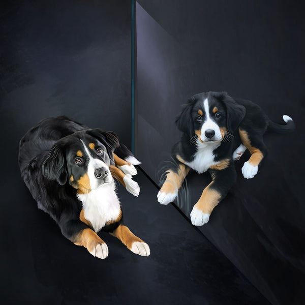 Handgemaltes Haustierportrait als Premium Fotodruck gerahmt im Spiegel Stil