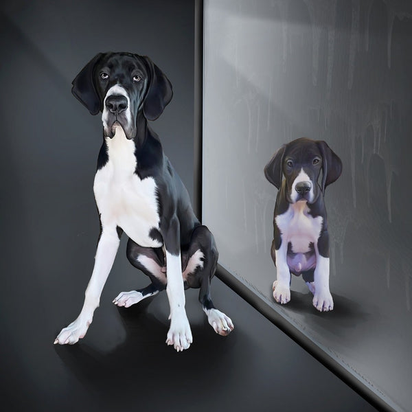 Handgemaltes Haustierportrait als Premium Fotodruck gerahmt im Spiegel Stil