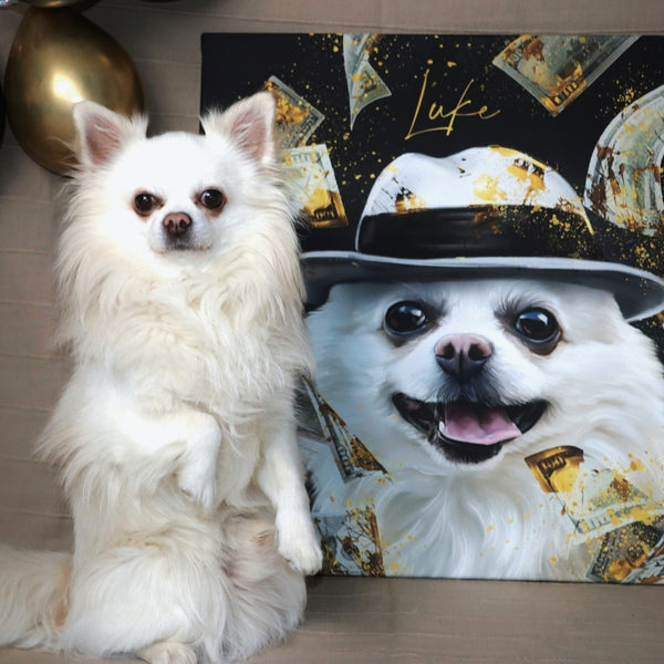 Handgemaltes Haustierportrait auf Premium Kuschelkissen im Mafia Stil