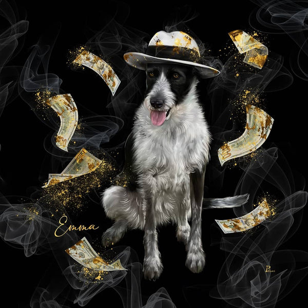 Handgemaltes Haustierportrait auf Handyhülle im Mafia Stil